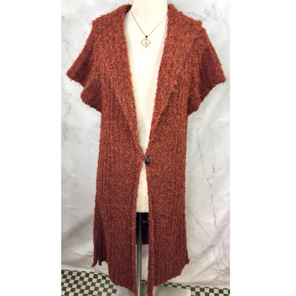 TABASK Alpaca Wool One Button Cardigan Sweater Duster L Shawl Collar Rust Orange
